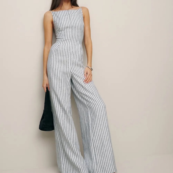 Reformation Ciara Linen Jumpsuit Antibes Stripe - Size 4 - Picture 2 of 2